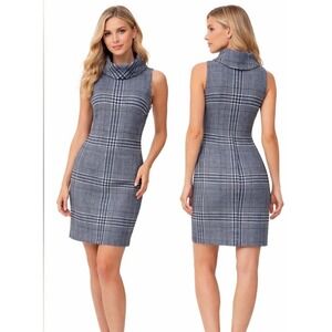 J.McLaughlin Shift Dress Women Small Blue Plaid Cowl Neck Sleeveless Stretch